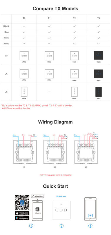SONOFF T1 UK TX Series WiFi Smart Wall Switch 1/2/3 Gang Touch Light Switch App Timing Remote Control Glass Surface &mdash; 727a04e6-63a3-4ae3-bee9-3b31da99fd5a