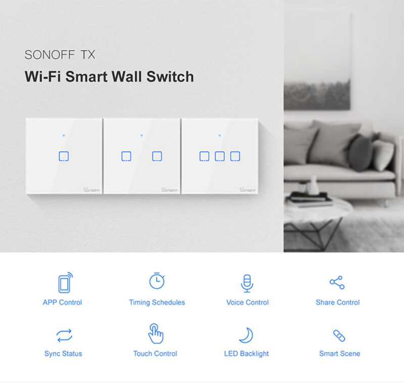 SONOFF T1 UK TX Series WiFi Smart Wall Switch 1/2/3 Gang Touch Light Switch App Timing Remote Control Glass Surface &mdash; 78f5c54a-ec3e-4893-8c47-b9f8610b5c97