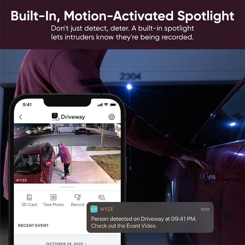 WYZE Cam v3 Pro 2K Indoor/Outdoor Wi-Fi Security Camera with Color Night Vision, Edge AI, Integrated Spotlight & Siren, 2-Way Audio, Compatible with Alexa & Google Assistant, White &mdash; 81gS9Aslp6L._AC_SL1500_